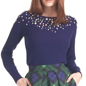 $495 NWT SACHIN & BABI Tristan Jewel Tone Rhinestone Concord Blue Wool Sweater M